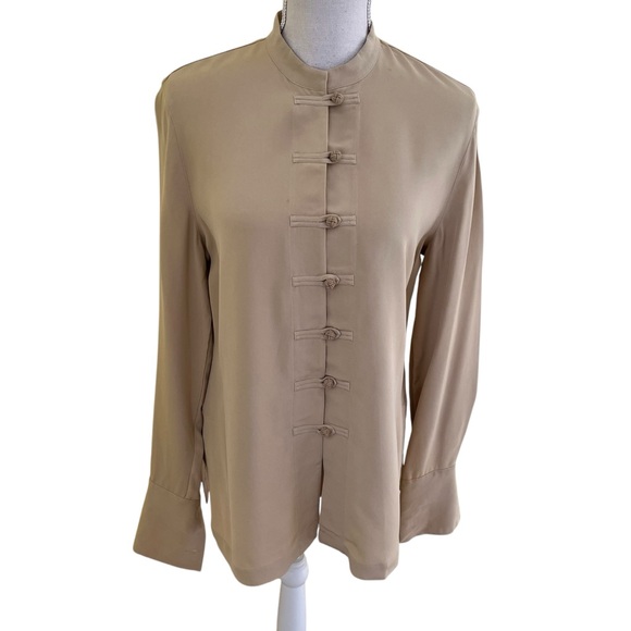 Talbots Vintage Tan Silk Frog Button Blouse 8 - Picture 1 of 8